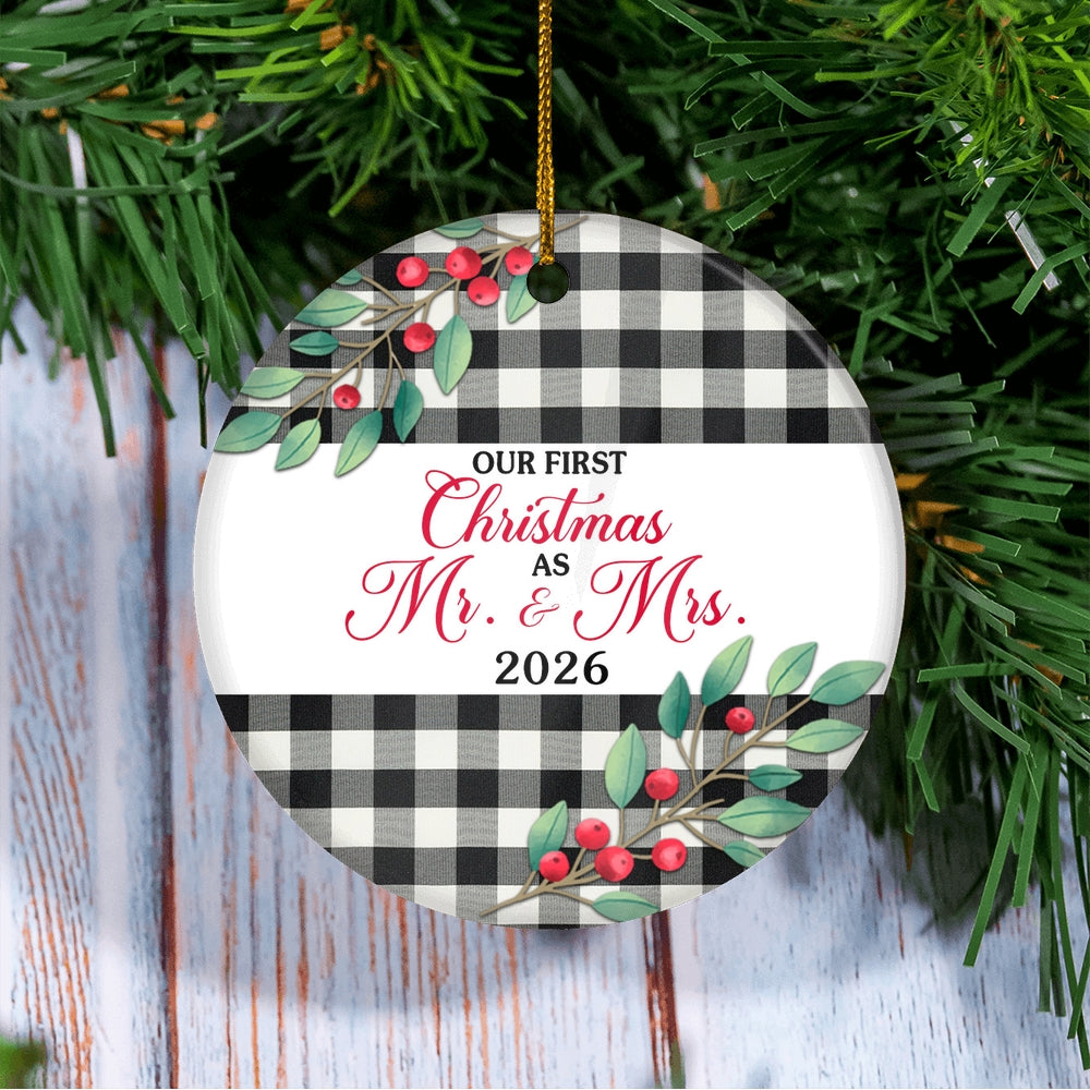 Our First Christmas As Mr And Mrs 2025 For Black White Buffalo Plaid Wedding Newlywed Couple (20) Christmas Tree Ornament | teecentury