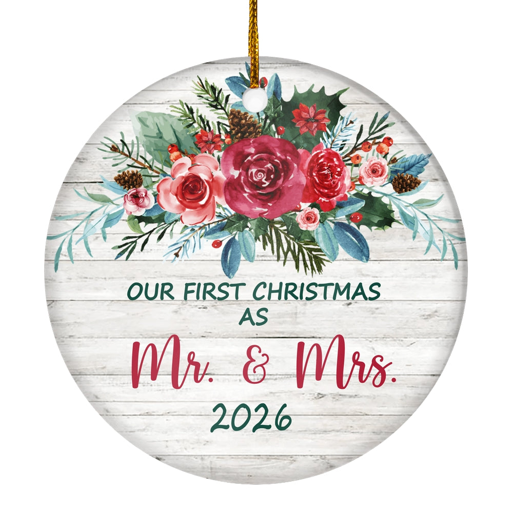 Our First Christmas As Mr And Mrs 2025 For Bride Groom Wedding Newlywed Couple (21) Christmas Tree Ornament | teecentury