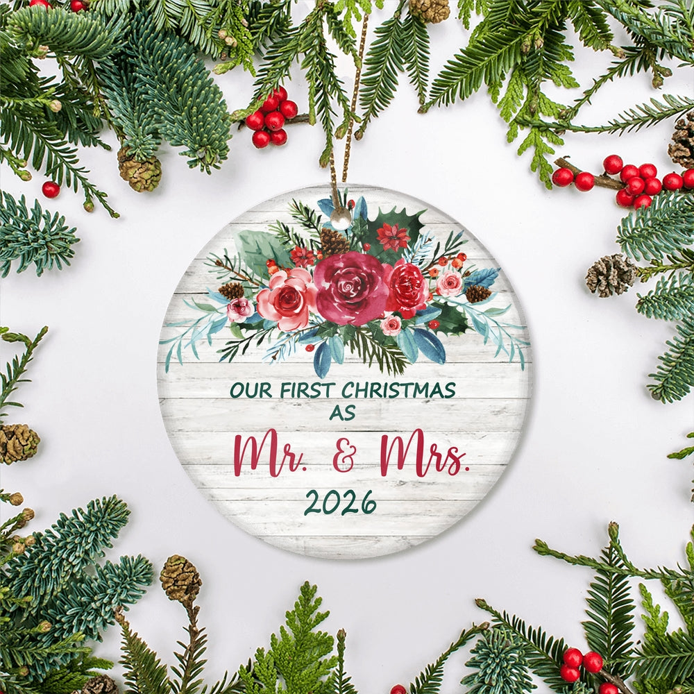 Our First Christmas As Mr And Mrs 2025 For Bride Groom Wedding Newlywed Couple (21) Christmas Tree Ornament | teecentury