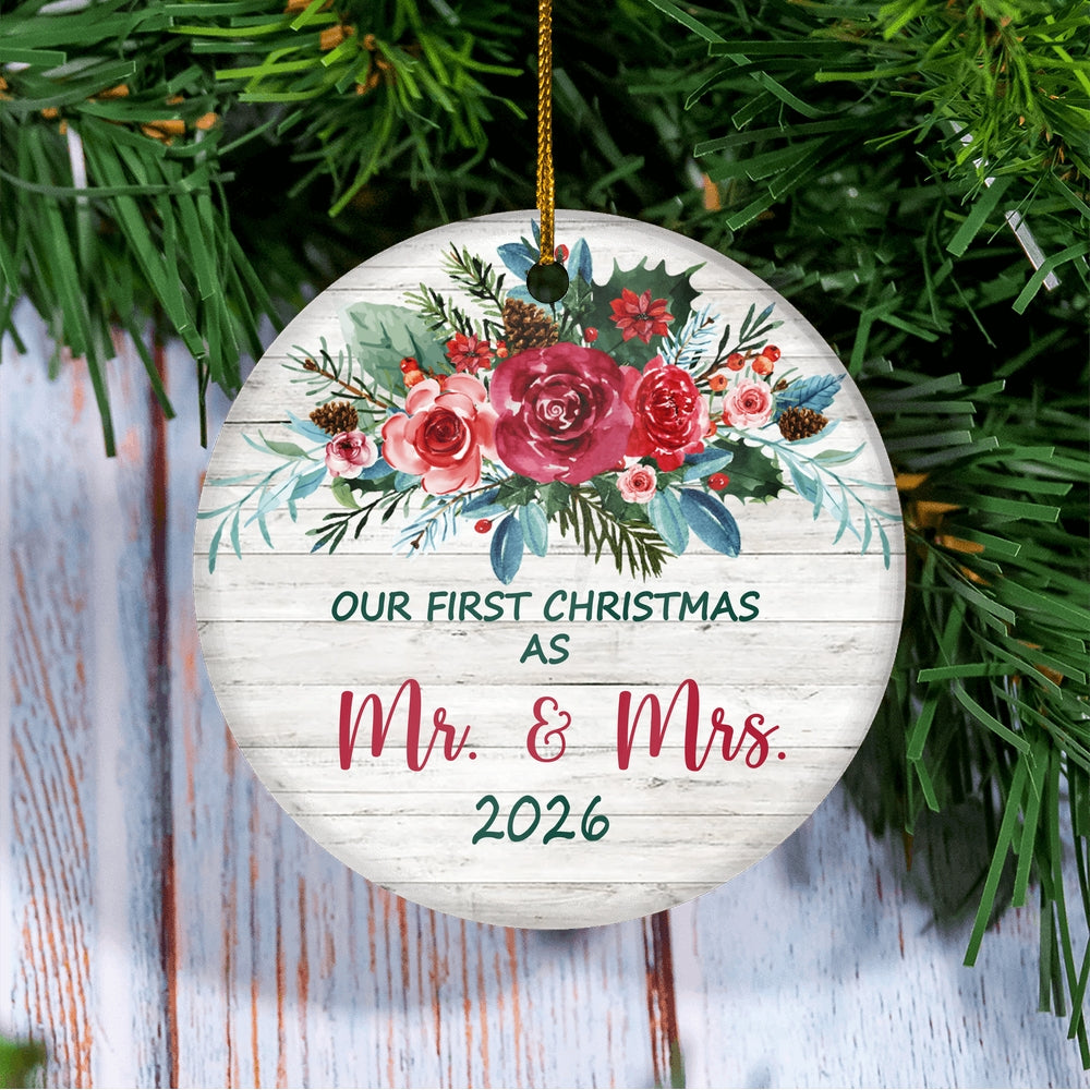 Our First Christmas As Mr And Mrs 2025 For Bride Groom Wedding Newlywed Couple (21) Christmas Tree Ornament | teecentury