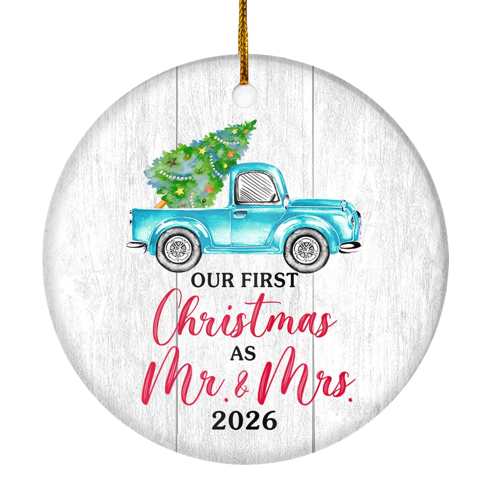 Our First Christmas As Mr And Mrs 2025 For Truck Tree Wood Wedding Newlywed Couple (18) Christmas Tree Ornament | teecentury