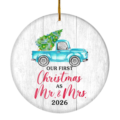 Our First Christmas As Mr And Mrs 2025 For Truck Tree Wood Wedding Newlywed Couple (18) Christmas Tree Ornament | teecentury