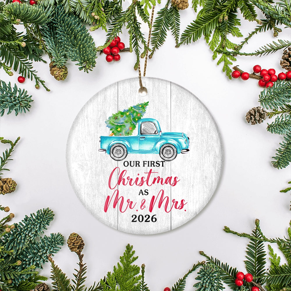Our First Christmas As Mr And Mrs 2025 For Truck Tree Wood Wedding Newlywed Couple (18) Christmas Tree Ornament | teecentury