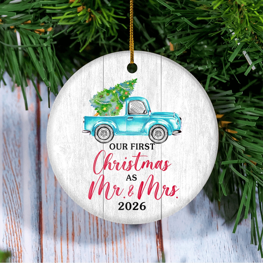Our First Christmas As Mr And Mrs 2025 For Truck Tree Wood Wedding Newlywed Couple (18) Christmas Tree Ornament | teecentury