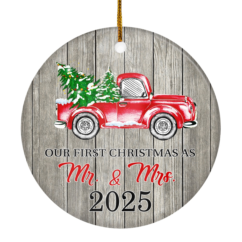 Our First Christmas As Mr And Mrs Ornaments Rustic Ornament With Red Truck And Green Tree 2024 First Xmas Wedding Presents For Newlywed Holiday Christmas Tree Ornament | teecentury