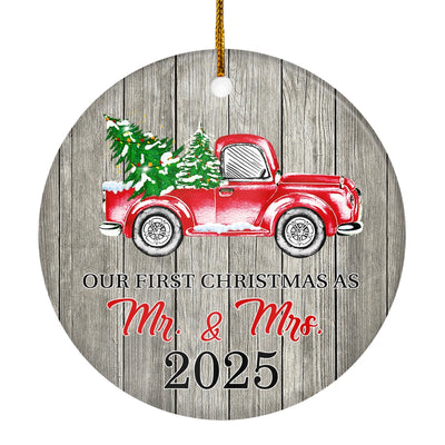 Our First Christmas As Mr And Mrs Ornaments Rustic Ornament With Red Truck And Green Tree 2024 First Xmas Wedding Presents For Newlywed Holiday Christmas Tree Ornament | teecentury
