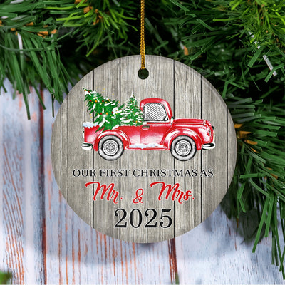Our First Christmas As Mr And Mrs Ornaments Rustic Ornament With Red Truck And Green Tree 2024 First Xmas Wedding Presents For Newlywed Holiday Christmas Tree Ornament | teecentury