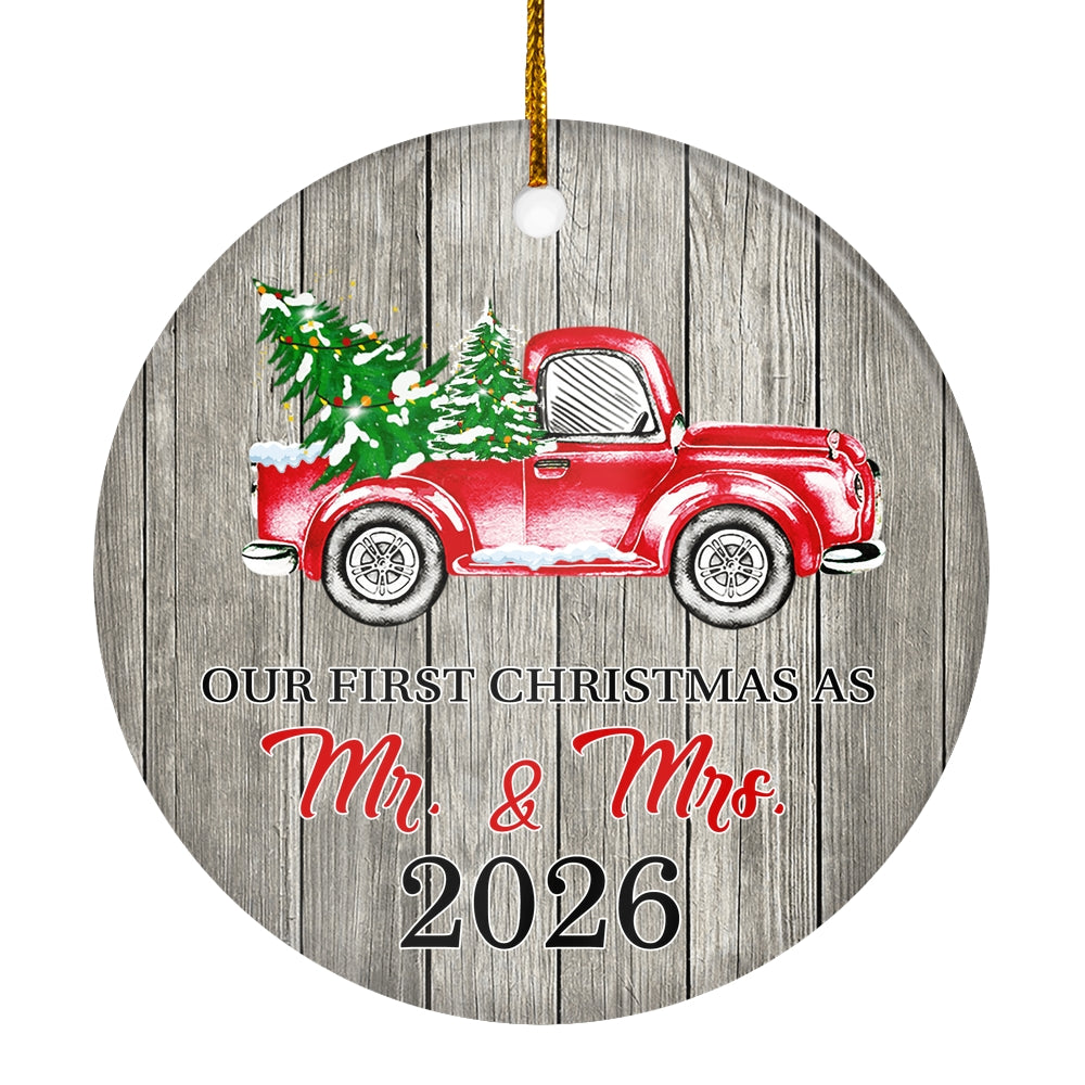 Our First Christmas As Mr And Mrs Ornaments Rustic Ornament With Red Truck And Green Tree 2025 First Xmas Wedding Presents For Newlywed Holiday Christmas Tree Ornament | teecentury