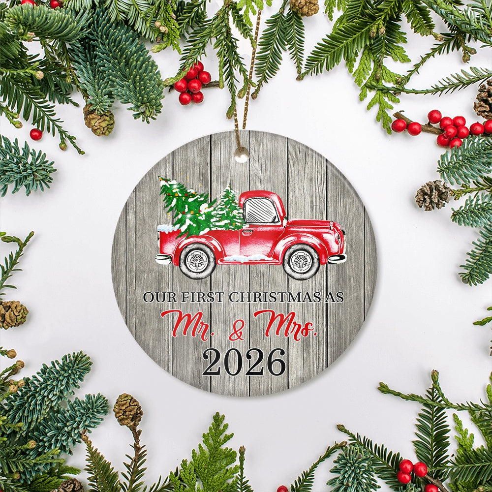 Our First Christmas As Mr And Mrs Ornaments Rustic Ornament With Red Truck And Green Tree 2025 First Xmas Wedding Presents For Newlywed Holiday Christmas Tree Ornament | teecentury
