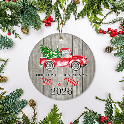 Our First Christmas As Mr And Mrs Ornaments Rustic Ornament With Red Truck And Green Tree 2025 First Xmas Wedding Presents For Newlywed Holiday Christmas Tree Ornament | teecentury