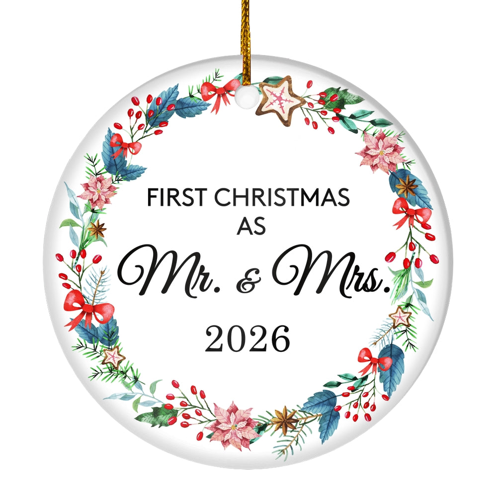 Our First Christmas As Mr and Mrs 2025 For Wedding Newlywed Couple (19) 2025 Christmas Tree Ornament | teecentury