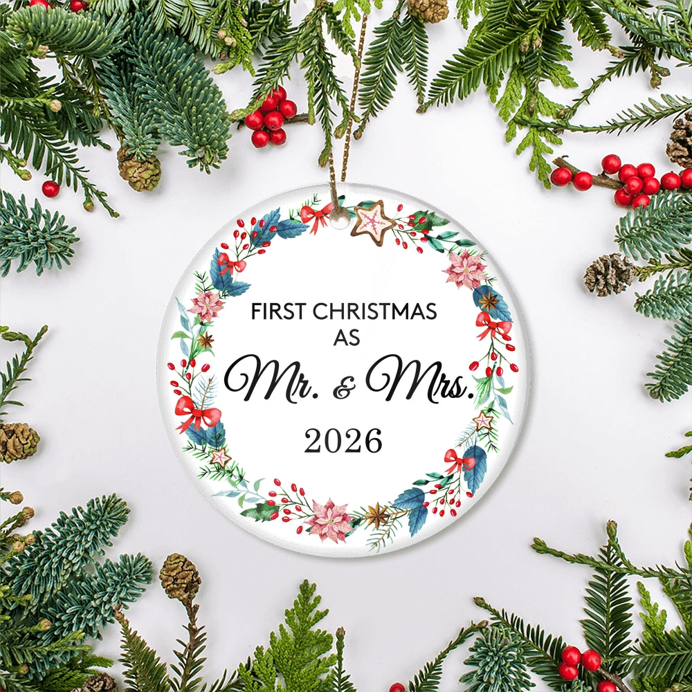 Our First Christmas As Mr and Mrs 2025 For Wedding Newlywed Couple (19) 2025 Christmas Tree Ornament | teecentury