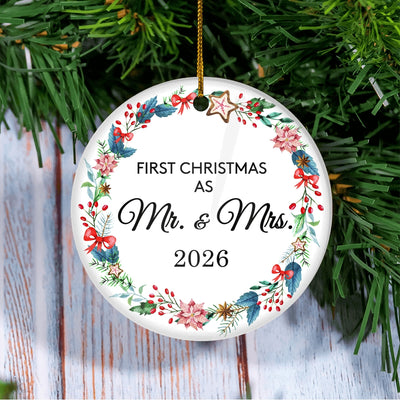 Our First Christmas As Mr and Mrs 2025 For Wedding Newlywed Couple (19) 2025 Christmas Tree Ornament | teecentury
