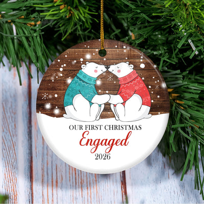 Our First Christmas Engaged 2025 Bear Christmas Tree For Wedding Newlywed Couple Tree Ornament | teecentury