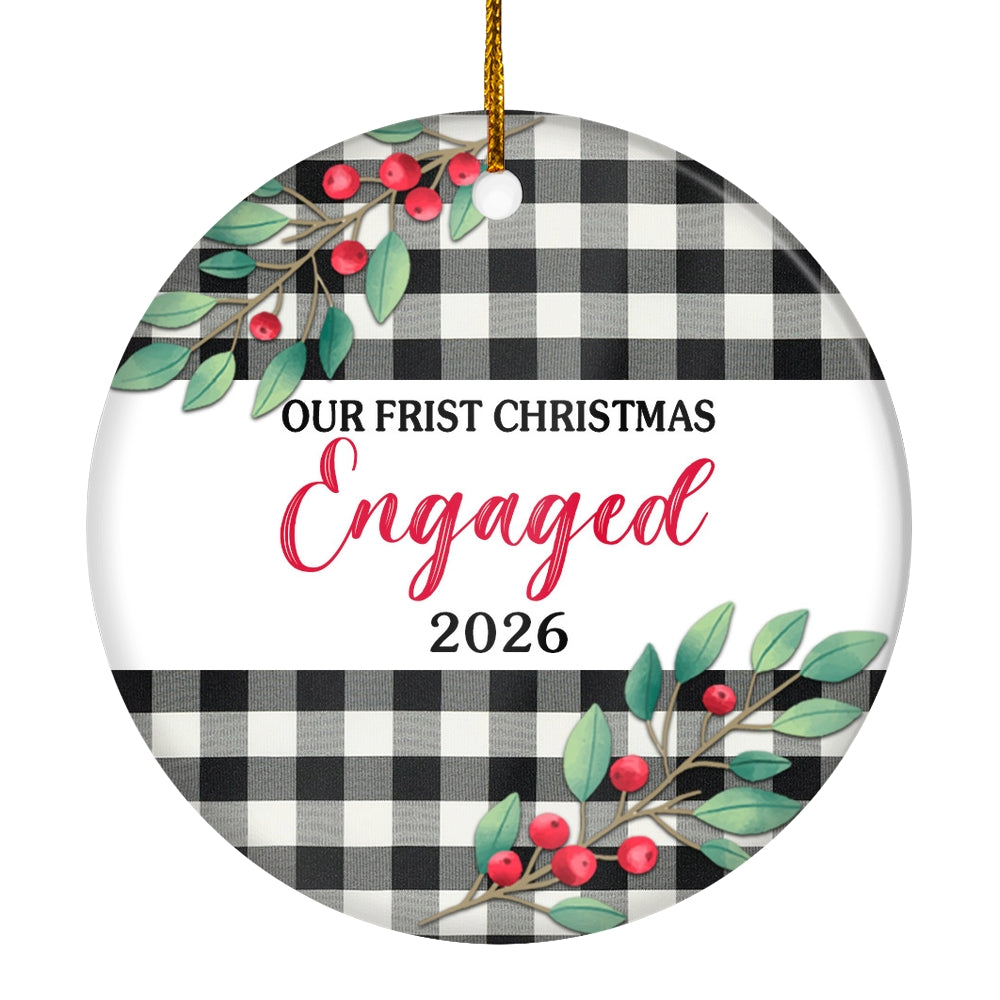 Our First Christmas Engaged 2025 Just Married Black White Buffalo Plaid For Wedding Newlywed Couple (20) Christmas Tree Ornament | teecentury