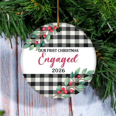 Our First Christmas Engaged 2025 Just Married Black White Buffalo Plaid For Wedding Newlywed Couple (20) Christmas Tree Ornament | teecentury