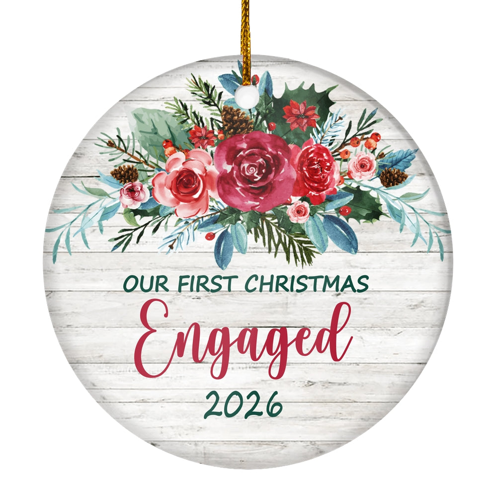 Our First Christmas Engaged 2025 Just Married Bride Groom For Wedding Newlywed Couple (21) Christmas Tree Ornament | teecentury