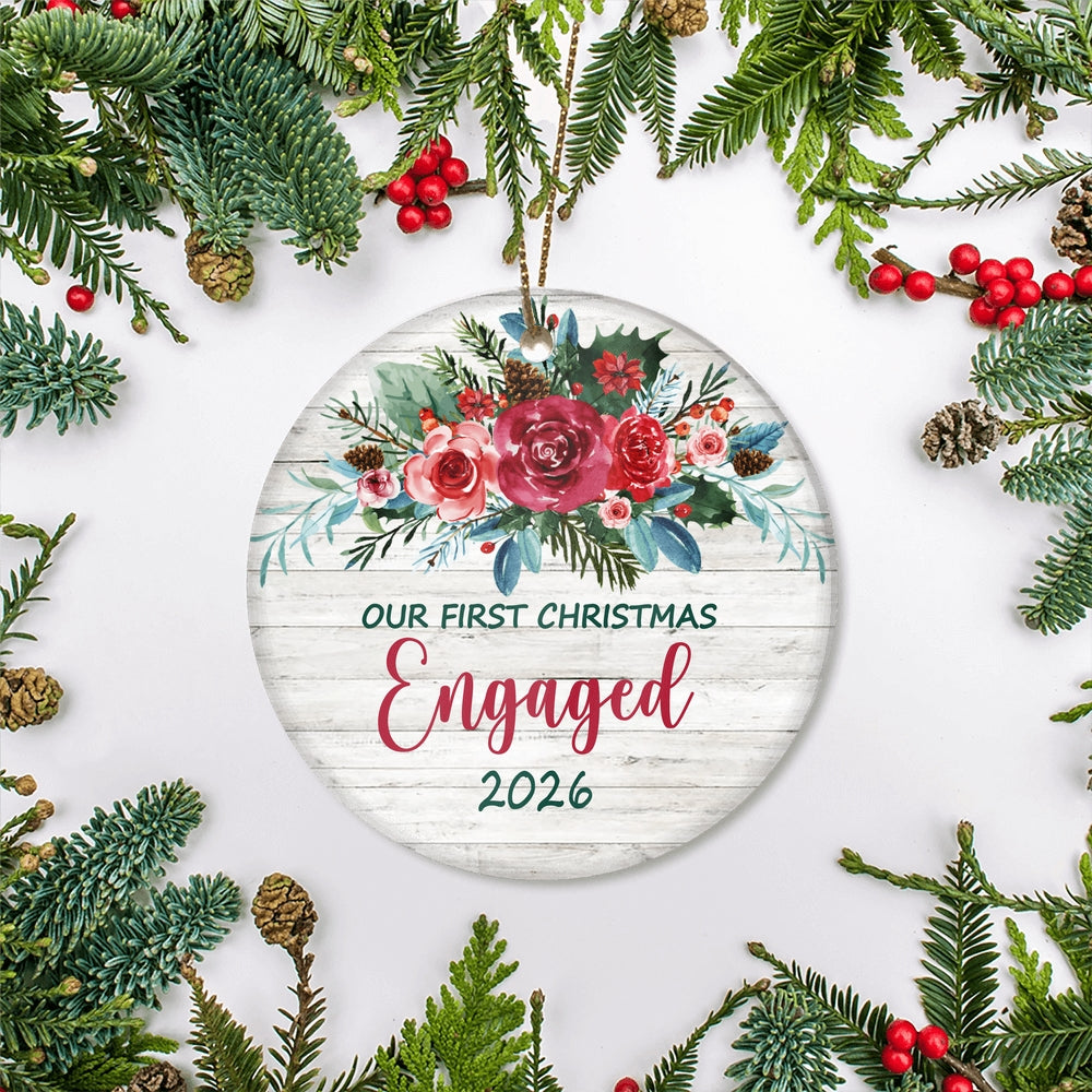 Our First Christmas Engaged 2025 Just Married Bride Groom For Wedding Newlywed Couple (21) Christmas Tree Ornament | teecentury
