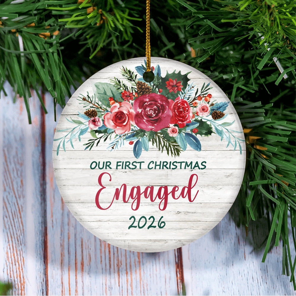 Our First Christmas Engaged 2025 Just Married Bride Groom For Wedding Newlywed Couple (21) Christmas Tree Ornament | teecentury