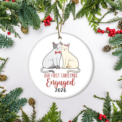 Our First Christmas Engaged 2025 Just Married Cat For Wedding Newlywed Couple (17) 2025 Christmas Tree Ornament | teecentury