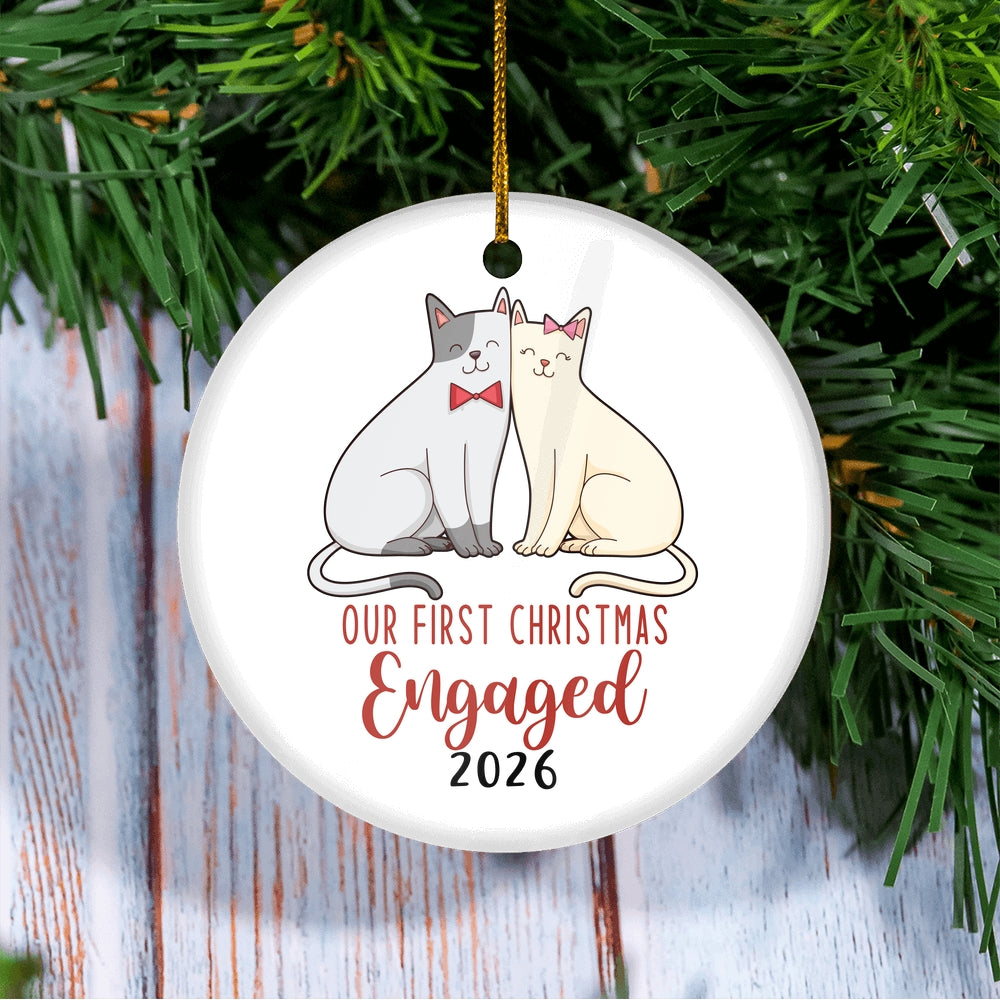 Our First Christmas Engaged 2025 Just Married Cat For Wedding Newlywed Couple (17) 2025 Christmas Tree Ornament | teecentury