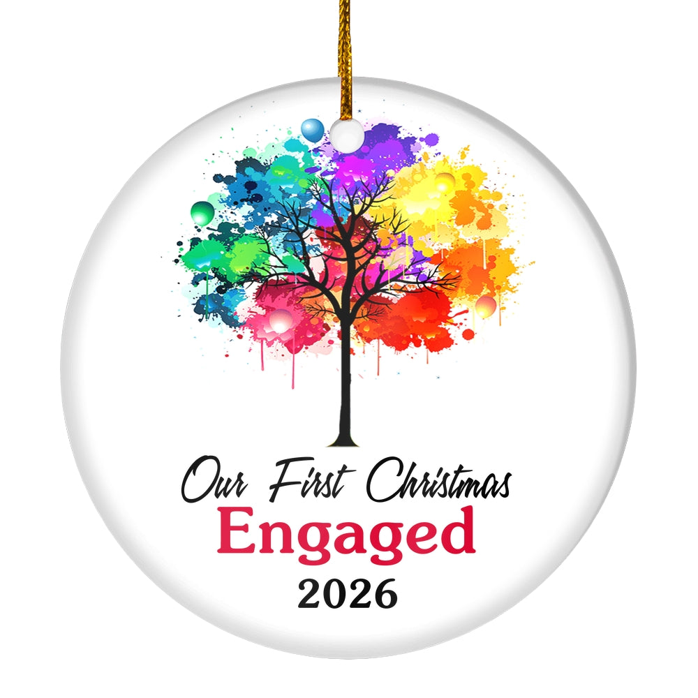 Our First Christmas Engaged 2025 Just Married Colorful Tree For Wedding Newlywed Couple (16) 2025 Christmas Tree Ornament | teecentury