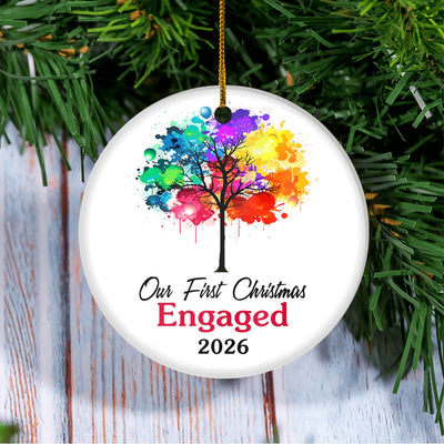 Our First Christmas Engaged 2025 Just Married Colorful Tree For Wedding Newlywed Couple (16) 2025 Christmas Tree Ornament | teecentury