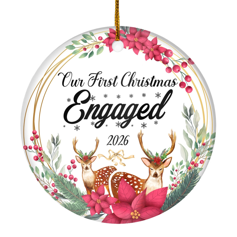 Our First Christmas Engaged 2025 Just Married Deer For Wedding Newlywed Couple (15) Christmas Tree Ornament | teecentury