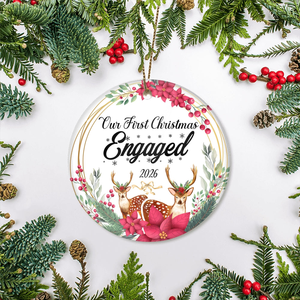 Our First Christmas Engaged 2025 Just Married Deer For Wedding Newlywed Couple (15) Christmas Tree Ornament | teecentury