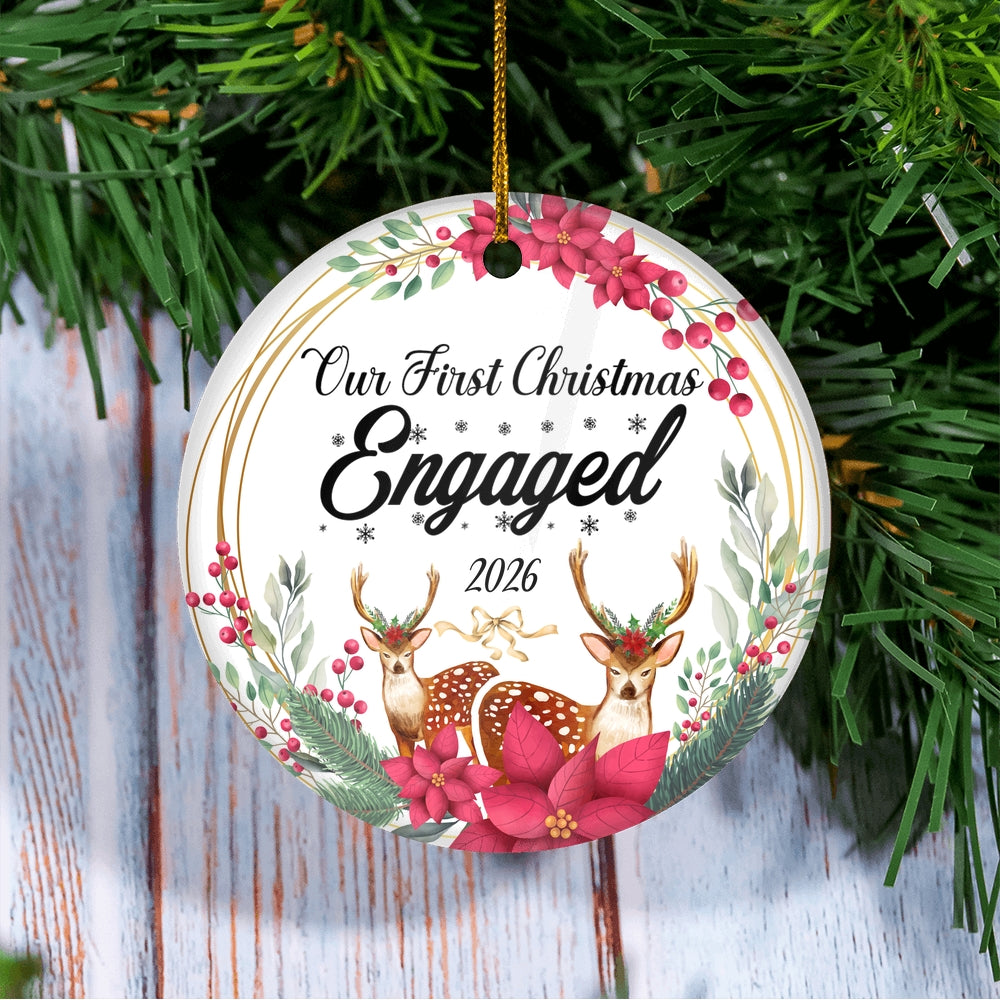 Our First Christmas Engaged 2025 Just Married Deer For Wedding Newlywed Couple (15) Christmas Tree Ornament | teecentury