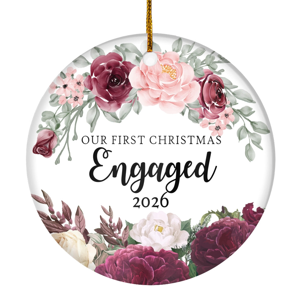 Our First Christmas Engaged 2025 Just Married Flower For Wedding Newlywed Couple (11) 2025 Christmas Tree Ornament | teecentury