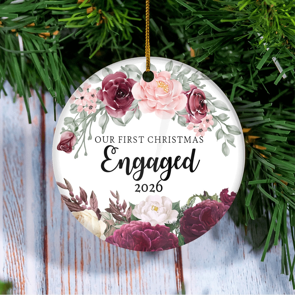 Our First Christmas Engaged 2025 Just Married Flower For Wedding Newlywed Couple (11) 2025 Christmas Tree Ornament | teecentury