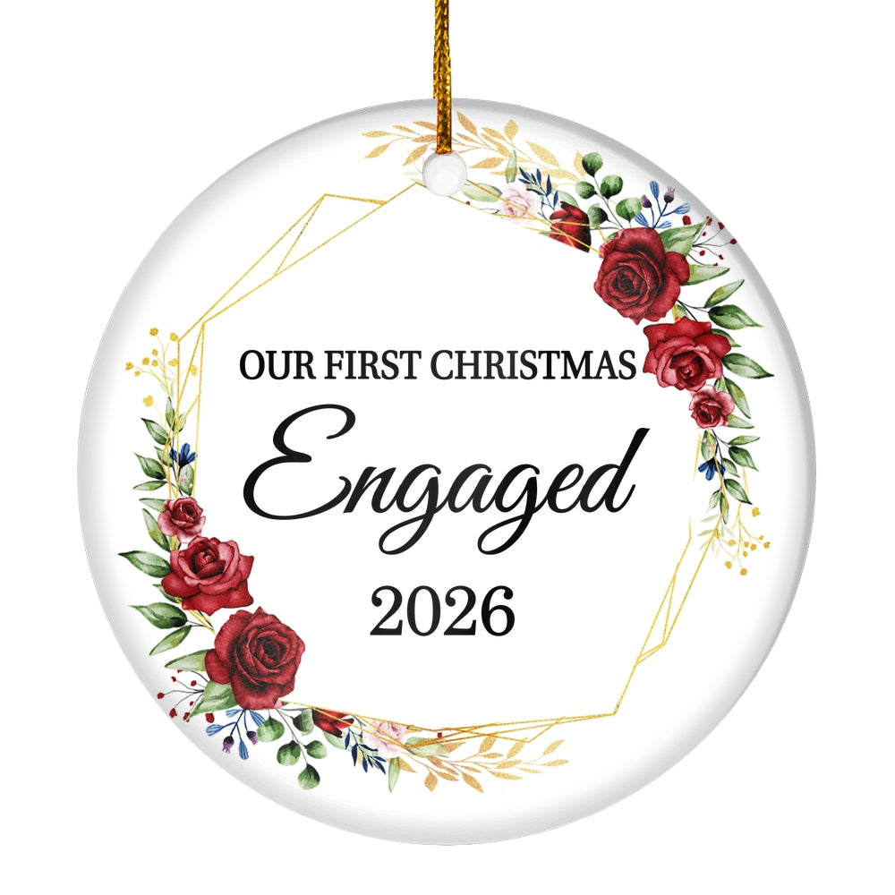 Our First Christmas Engaged 2025 Just Married Flower For Wedding Newlywed Couple (12) 2025 Christmas Tree Ornament | teecentury