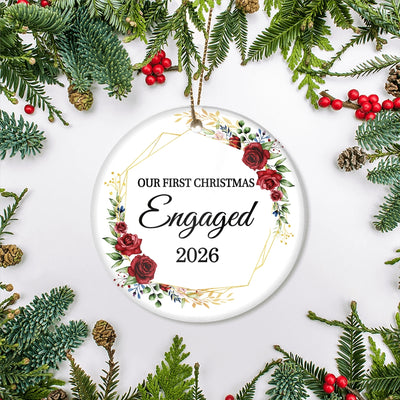 Our First Christmas Engaged 2025 Just Married Flower For Wedding Newlywed Couple (12) 2025 Christmas Tree Ornament | teecentury