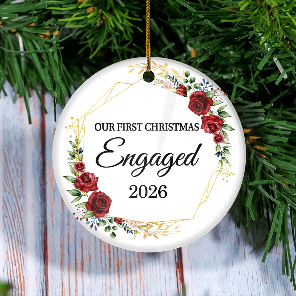 Our First Christmas Engaged 2025 Just Married Flower For Wedding Newlywed Couple (12) 2025 Christmas Tree Ornament | teecentury