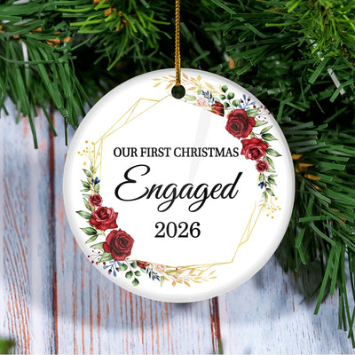 Our First Christmas Engaged 2025 Just Married Flower For Wedding Newlywed Couple (12) 2025 Christmas Tree Ornament | teecentury