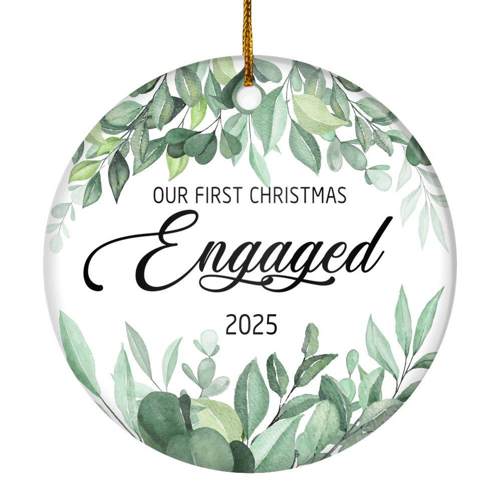 Our First Christmas Engaged 2025 Just Married Flower Leaf For Wedding Newlywed Couple (14) 2025 Christmas Tree Ornament | teecentury