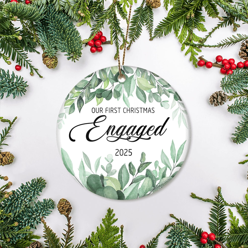 Our First Christmas Engaged 2025 Just Married Flower Leaf For Wedding Newlywed Couple (14) 2025 Christmas Tree Ornament | teecentury