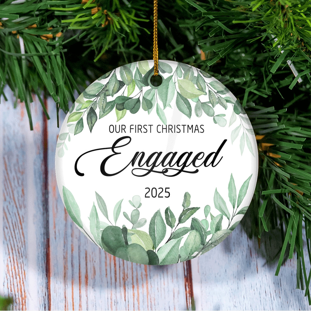 Our First Christmas Engaged 2025 Just Married Flower Leaf For Wedding Newlywed Couple (14) 2025 Christmas Tree Ornament | teecentury