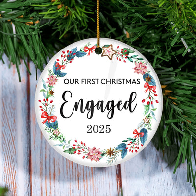 Our First Christmas Engaged 2025 Just Married For Wedding Newlywed Couple (19) 2025 Christmas Tree Ornament | teecentury