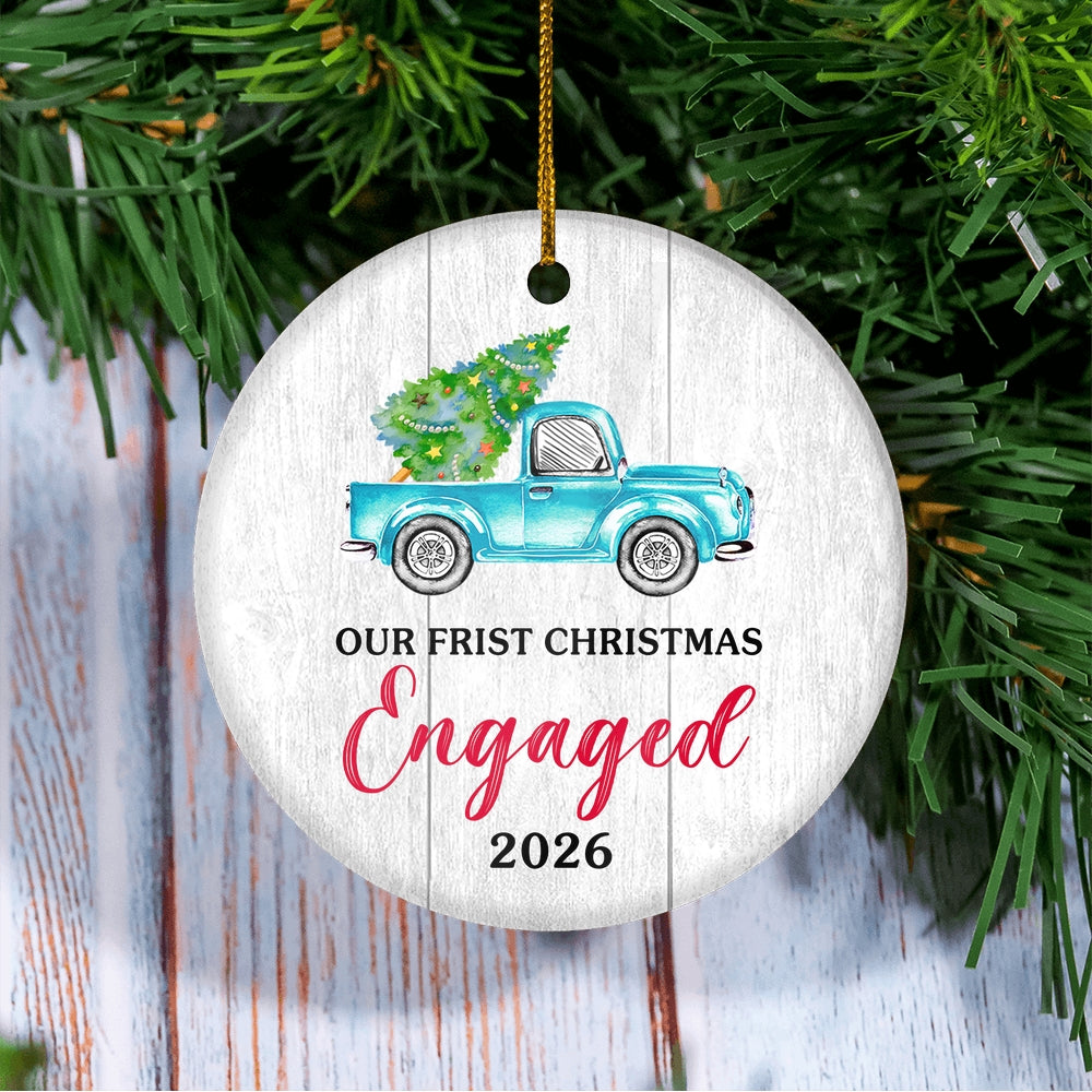 Our First Christmas Engaged 2025 Just Married Truck Tree Wood For Wedding Newlywed Couple (18) Christmas Tree Ornament | teecentury