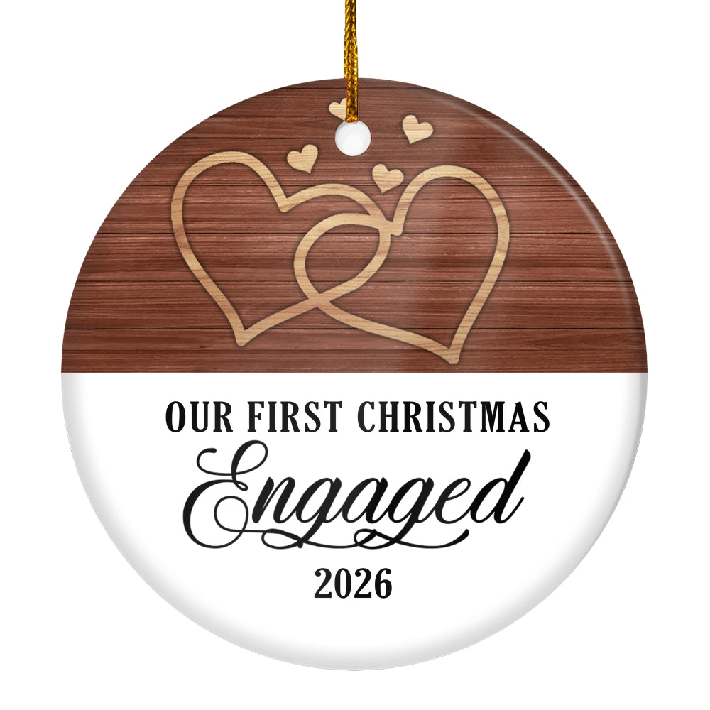 Our First Christmas Engaged 2025 Just Married White Brown Wood For Wedding Newlywed Couple 2025 Christmas Tree Ornament | teecentury