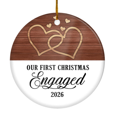 Our First Christmas Engaged 2025 Just Married White Brown Wood For Wedding Newlywed Couple 2025 Christmas Tree Ornament | teecentury