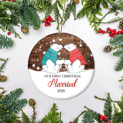 Our First Christmas Married Mr And Mrs 2025 Bear Christmas Tree For Wedding Newlywed Couple Tree Ornament | teecentury
