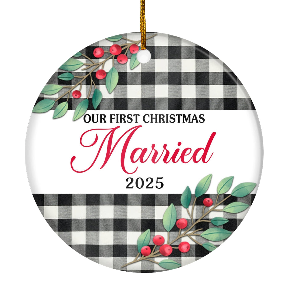 Our First Christmas Married Mr And Mrs 2025 Black White Buffalo Plaid For Wedding Newlywed Couple (20) Christmas Tree Ornament | teecentury