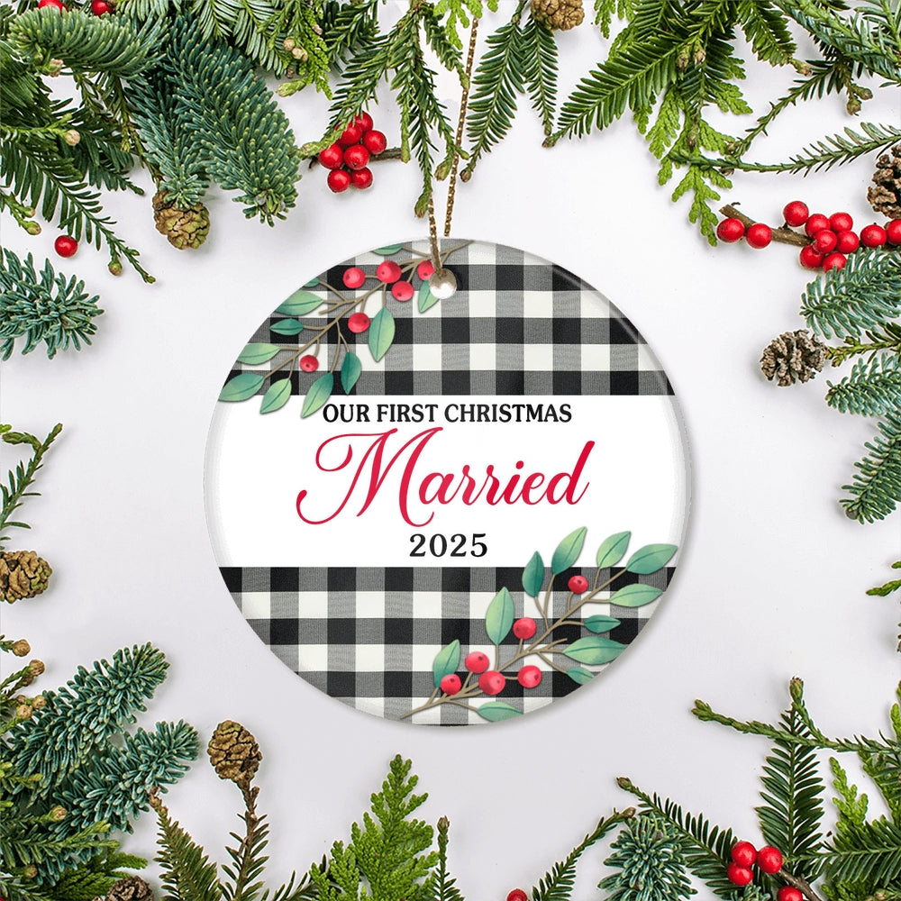 Our First Christmas Married Mr And Mrs 2025 Black White Buffalo Plaid For Wedding Newlywed Couple (20) Christmas Tree Ornament | teecentury