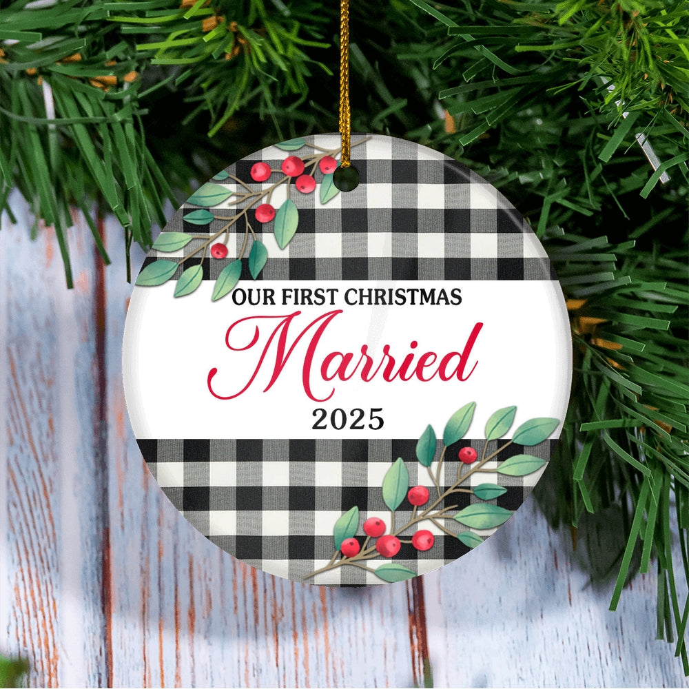Our First Christmas Married Mr And Mrs 2025 Black White Buffalo Plaid For Wedding Newlywed Couple (20) Christmas Tree Ornament | teecentury