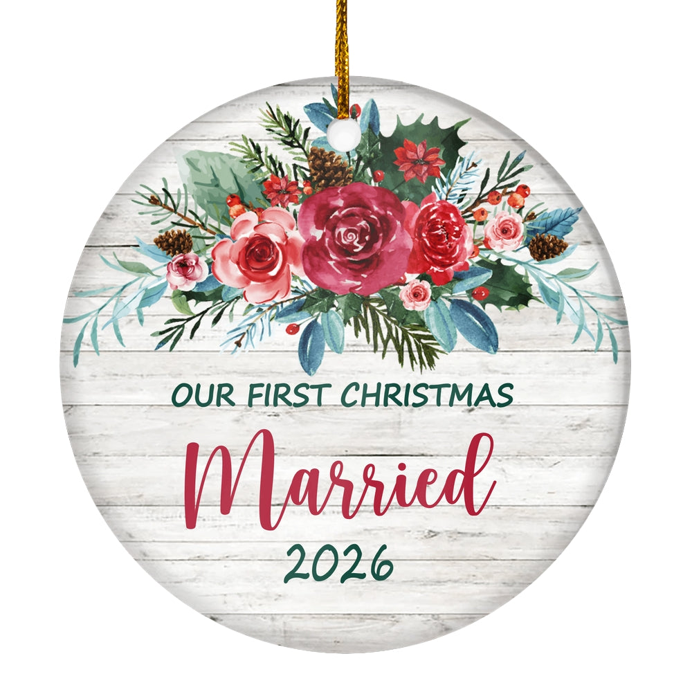 Our First Christmas Married Mr And Mrs 2025 Bride Groom For Wedding Newlywed Couple (21) Christmas Tree Ornament | teecentury