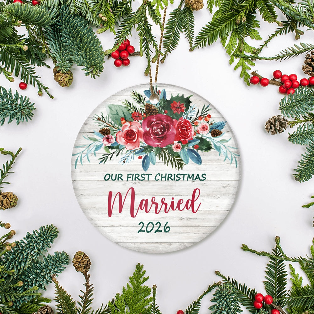 Our First Christmas Married Mr And Mrs 2025 Bride Groom For Wedding Newlywed Couple (21) Christmas Tree Ornament | teecentury