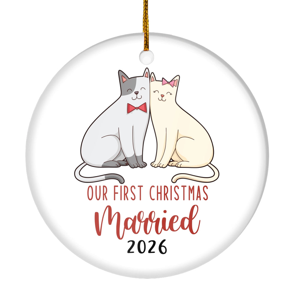 Our First Christmas Married Mr And Mrs 2025 Cat For Wedding Newlywed Couple (17) 2025 Christmas Tree Ornament | teecentury